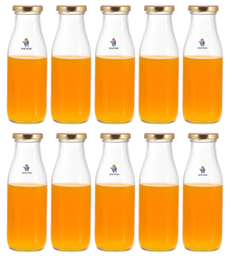 Machak Milk Bottle Glass Water Bottle For Fridge with Air Tight Cap, 300 ml, Clear (Set of 10) - Image 1