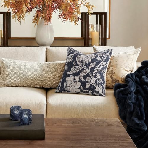 MUSSEL Navy Blue 18x18 Floral Pillow Covers：Vintage Decorative Pillow Boho Patterned Covers Neutral Modern Farmhouse Square Cushions Cotton Accent Covers - Sofa Bed Living Room couch Pillowcases Set of 2 - Image 2