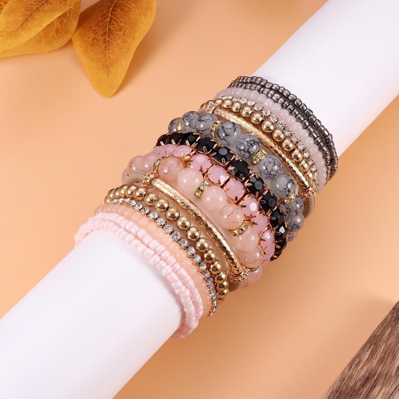 MILACOLATO 4 Sets Boho Bracelets for Women Multi-Color Layered Stackable Natural Beaded Bracelets Adjustable Stretch Bohemian Bracelets Pink - Image 4