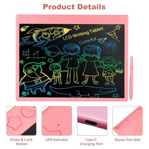 proffisy Plastic Colourful Screen LCD Writing Tablet 16 Inch USB Rechargeable Electronic E-Note Scribble Board for Kids and Adults at Home (Pink) - Image 2
