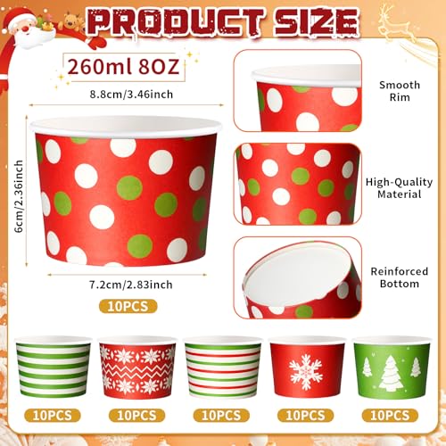 CHENGU 60 Pcs Christmas Ice Cream Cups 8oz Disposable Treat Snack Cups Red and Green Paper Bowls for Yogurt Cupcakes Soup Christmas holiday Party Supplies - Image 3