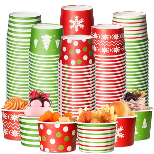 CHENGU 60 Pcs Christmas Ice Cream Cups 8oz Disposable Treat Snack Cups Red and Green Paper Bowls for Yogurt Cupcakes Soup Christmas holiday Party Supplies - Image 1