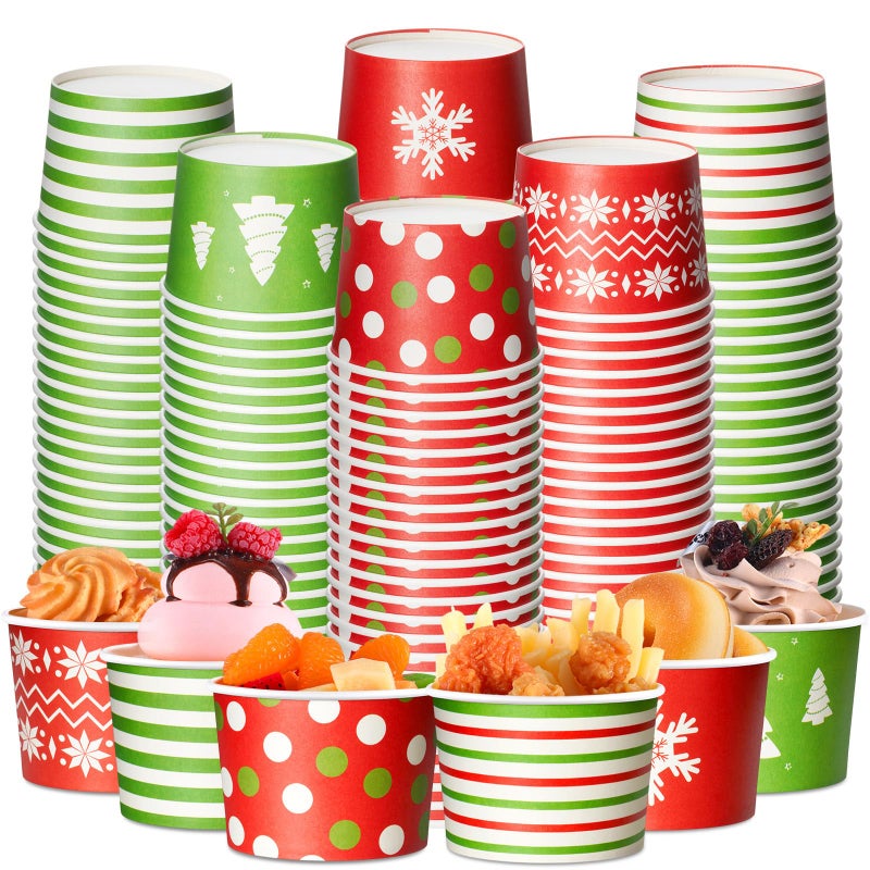 CHENGU 60 Pcs Christmas Ice Cream Cups 8oz Disposable Treat Snack Cups Red and Green Paper Bowls for Yogurt Cupcakes Soup Christmas holiday Party Supplies - Image 2