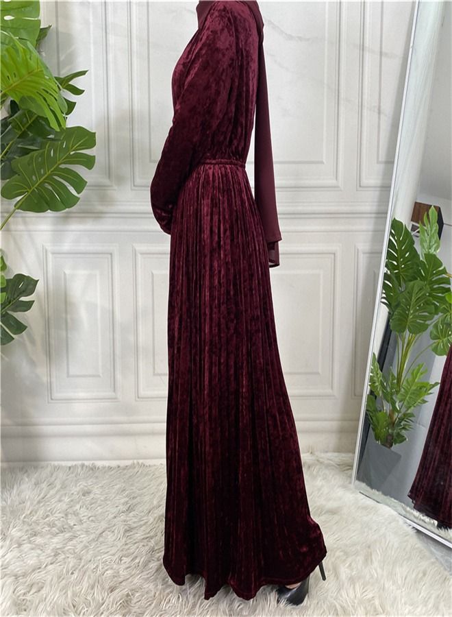 Loquat Fashion Solid Color Long Sleeve Dress Abaya Red  - Image 3