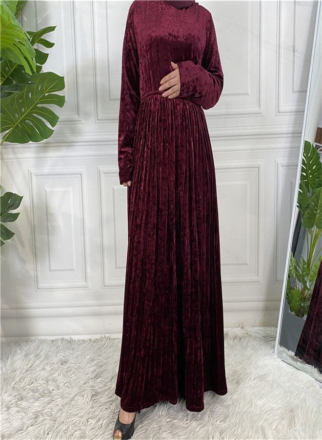 Loquat Fashion Solid Color Long Sleeve Dress Abaya Red  - Image 2