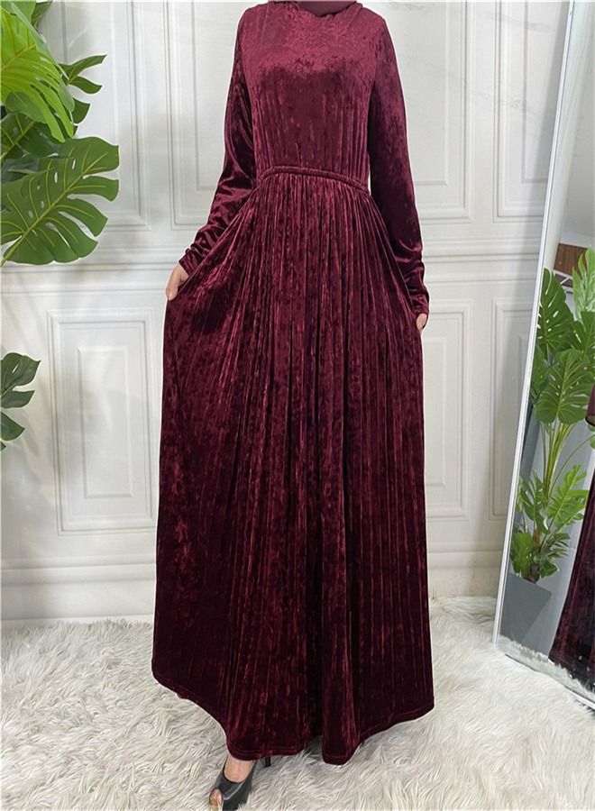 Loquat Fashion Solid Color Long Sleeve Dress Abaya Red  - Image 1