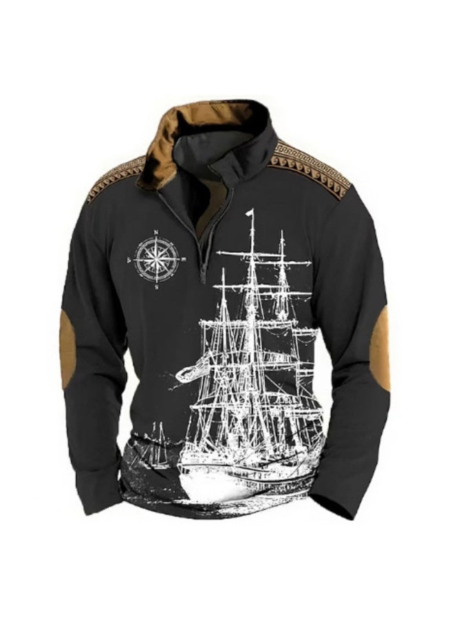 نيبمينينت نيبمينت قميص رجالي فضفاض بتصميم ثلاثي الأبعاد مطبوع بطريقة رقمية بستايل بحري قديم، بكشكش نصف سحاب وأكمام طويلة، بتصميم عصري مع ياقة واقفة. - Image 1