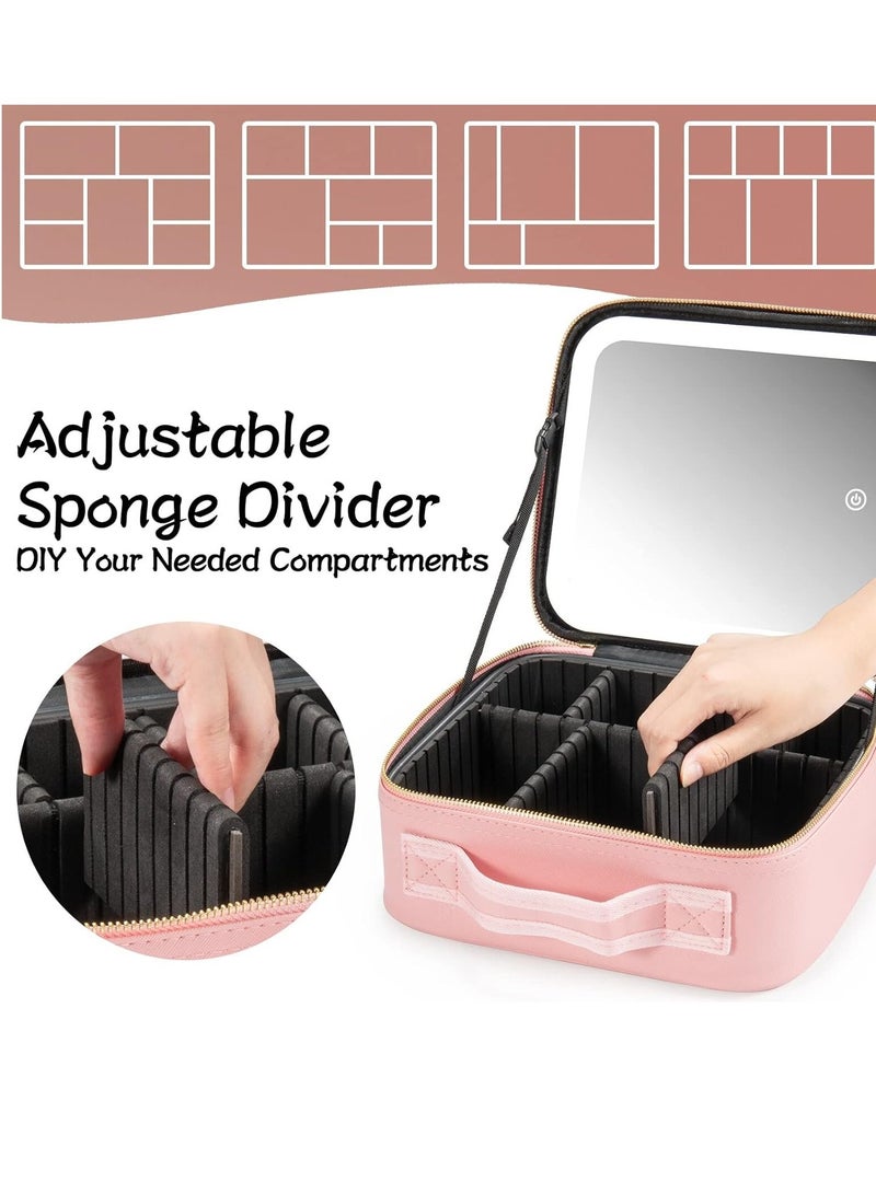 Extra Makeup Travel Train Case with Mirror LED Light 3 Adjustable Brightness Cosmetic Bag Portable Storage Adjustable Partition Waterproof Makeup Brushes Makeup Jewelry Gift for Women  - Image 3