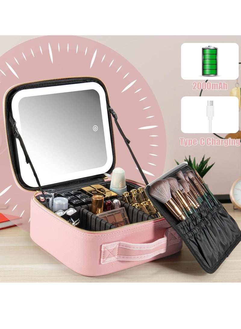 Extra Makeup Travel Train Case with Mirror LED Light 3 Adjustable Brightness Cosmetic Bag Portable Storage Adjustable Partition Waterproof Makeup Brushes Makeup Jewelry Gift for Women  - Image 4