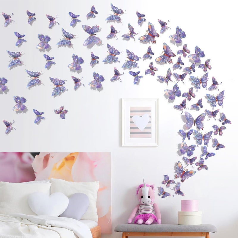 Buiory 3D Butterfly Wall Decor - 50PCS Removable PVC Butterflies Wall Stickers- Multi-Size (2.8"-3.9")- DIY Removable Wall Art Decal for Kids Room, Nursery, Bedroom, Classroom, Party Decoration (Purple) - Image 5