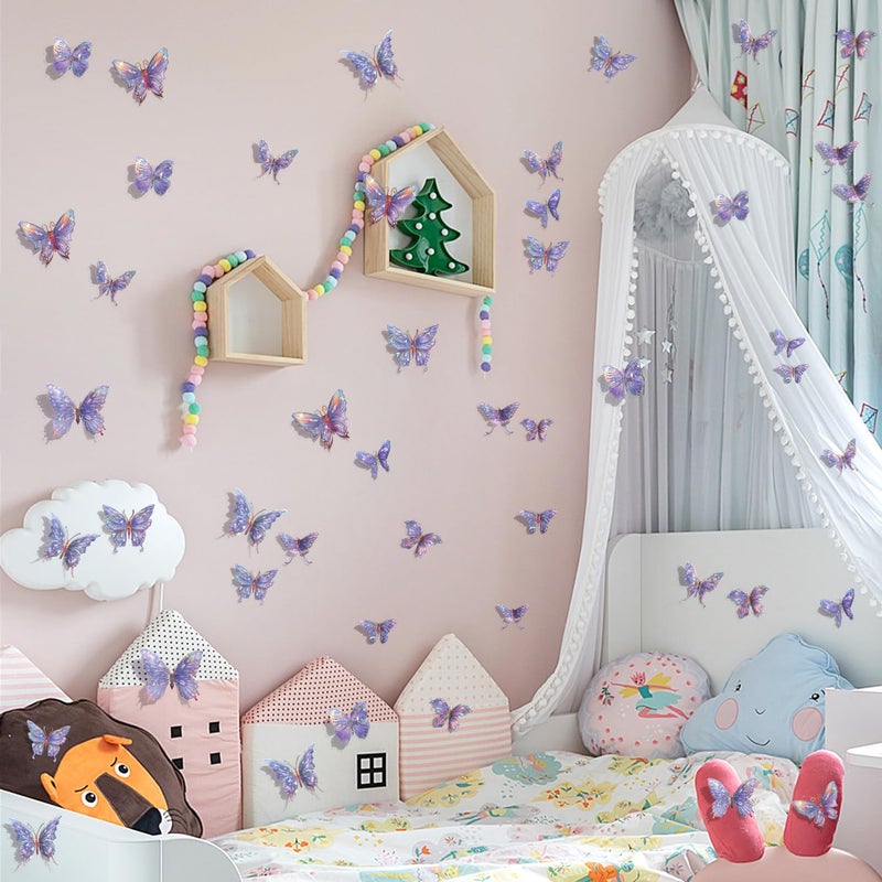 Buiory 3D Butterfly Wall Decor - 50PCS Removable PVC Butterflies Wall Stickers- Multi-Size (2.8"-3.9")- DIY Removable Wall Art Decal for Kids Room, Nursery, Bedroom, Classroom, Party Decoration (Purple) - Image 4