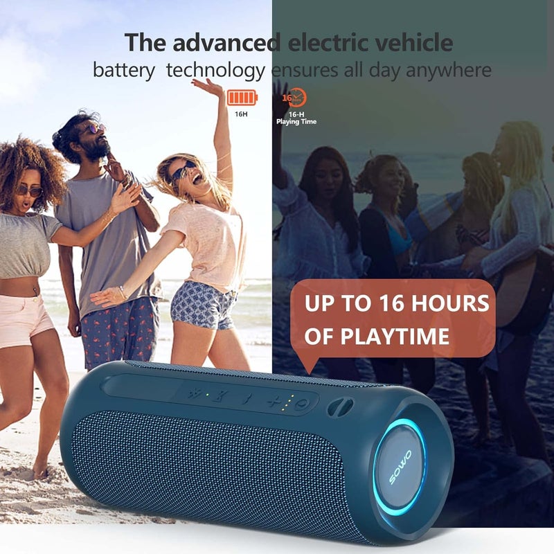 SOWO مكبر صوت بلوتوث محمول، مكبر صوت بلوتوث لاسلكي مقاوم للماء IPX7، تقنية باس بوم، صوت ستيريو عالٍ 25 واط، ضوء LED مع اقتران TWS، 16 ساعة من وقت التشغيل للمنزل والخارج - أزرق - Image 4