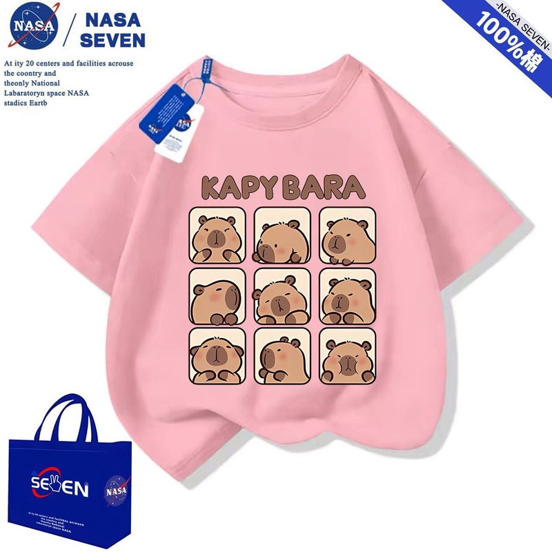 Nasa Cartoon Pure Cotton T-Shirt For Boys And Girls, Cute Kapibara Short-Sleeved Style, Medium And Large Children'S Tops - Image 1