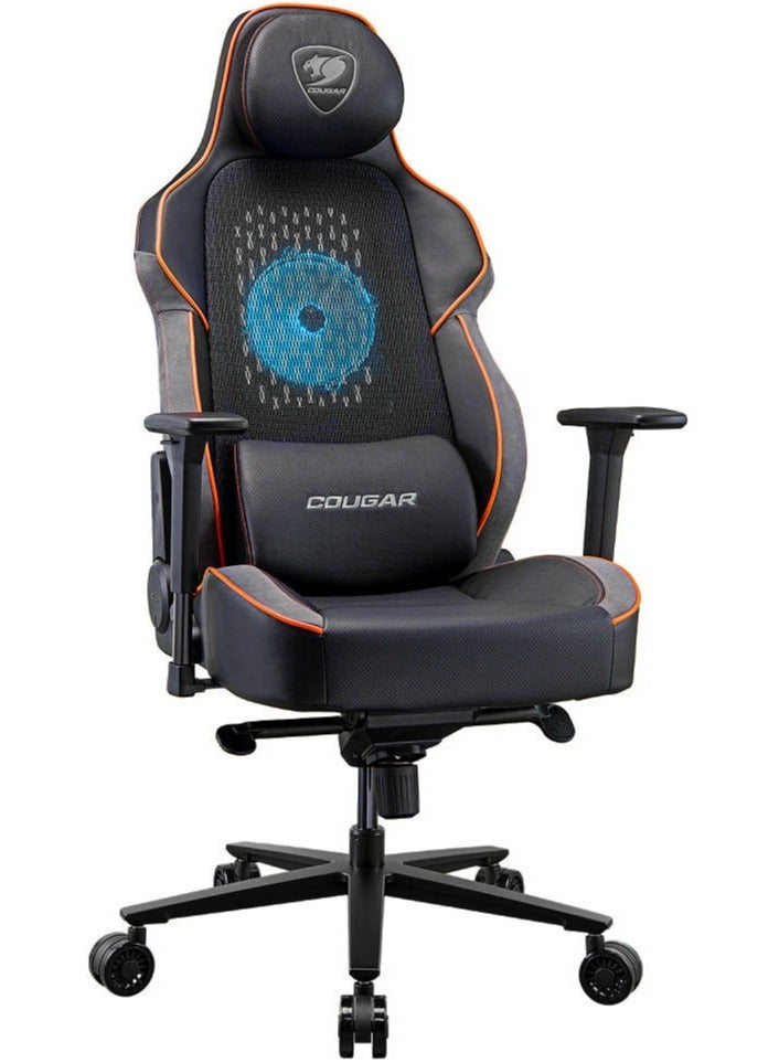 Cougar NxSys Aero Gaming Chair with 200mm RGB Cooling Fan, Elastomeric Mesh Backrest, Ergonomic Lumbar & Head Support, 3D Adjustable Armrests, Reclining 90°–150°, Class 4 Gas Lift, Breathable PVC Leather, Black-Orange | 3MARPORB.0001 - Image 1