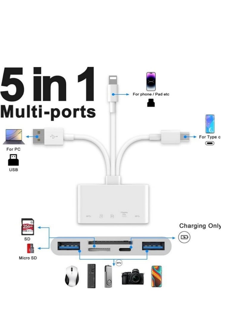 SD Card Reader 5-in-1 Memory Card Reader USB OTG Adapter & SD Card Reader for i-Phone/i-Pad, USB C and USB A Devices - Image 2