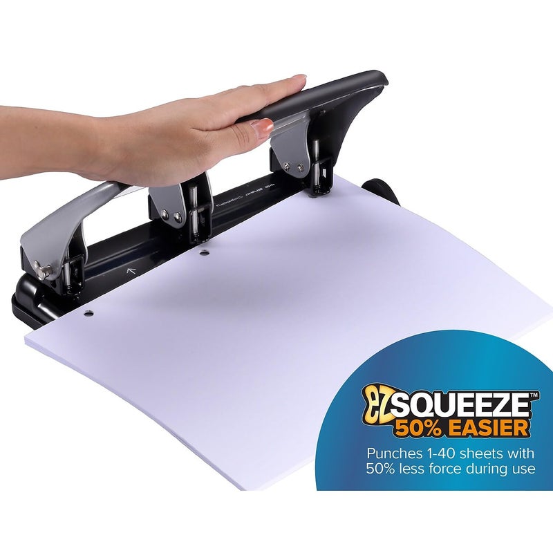 Bostitch Office EZ Squeeze Heavy Duty 3 Hole Punch, 40-Sheet Capacity, Use Less Force, Perfect for Home Office School Supplies, Sleek Design, Silver - Image 2