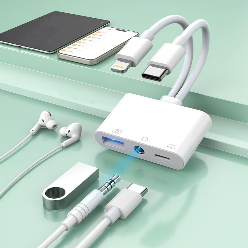 3 في 1 محول صوت عالمي من نوع C مقاس 3.5 ملم، منفذ سلك مزدوج من نوع C إلى AUX صوت USB USB C مقبس سماعة أبيض لأجهزة iPhone iPad Pro سماعة رقمية محول OTG شحن PD محمول للتوصيل والتشغيل - Image 1