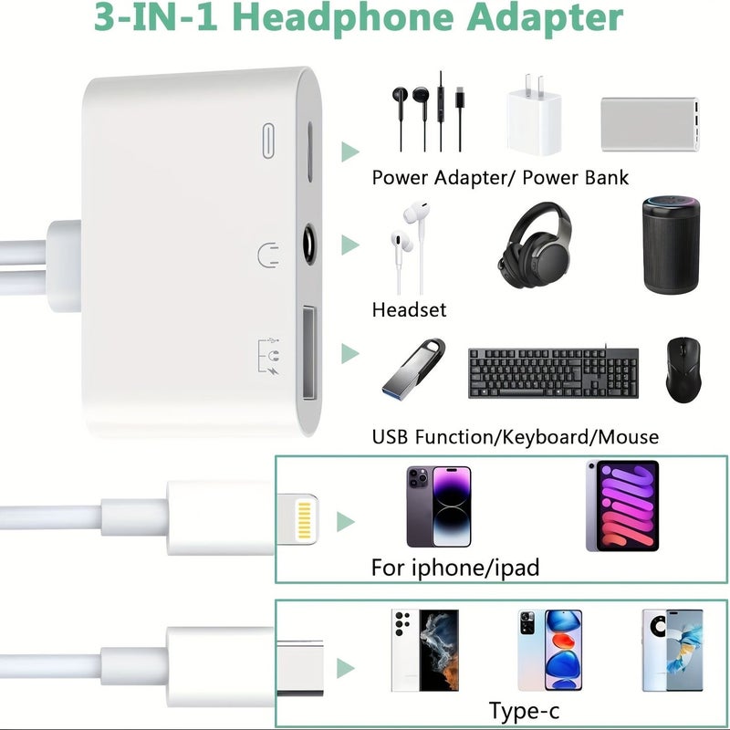 3 في 1 محول صوت عالمي من نوع C مقاس 3.5 ملم، منفذ سلك مزدوج من نوع C إلى AUX صوت USB USB C مقبس سماعة أبيض لأجهزة iPhone iPad Pro سماعة رقمية محول OTG شحن PD محمول للتوصيل والتشغيل - Image 4