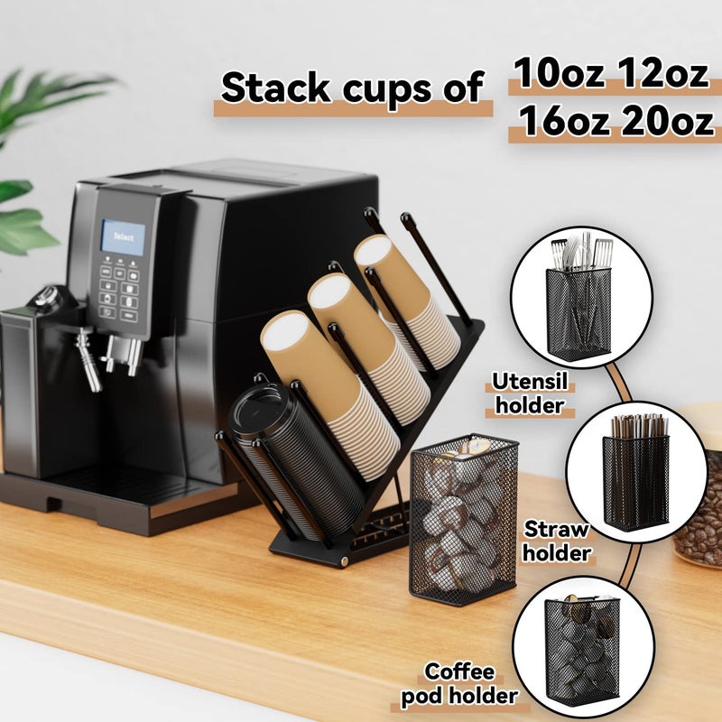 OVICAR Cup and Lid Holder - Adjustable Coffee Cup Holder Organizer 4 Compartment Disposable Cup Dispenser with Coffee Pod Straw Storage Basket for Coffee Station Bar Countertop Breakroom Metal Black - Image 3