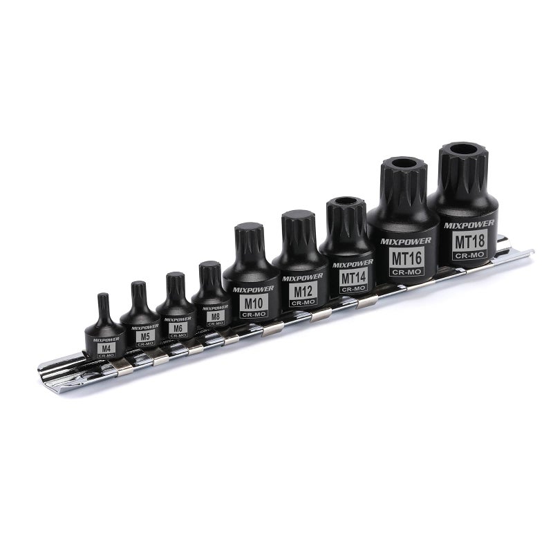 MIXPOWER Low Profile Impact Triple Square Bit Socket Set Solid One Piece Construction M4 M18 Chrome Molybdenum Steel 9 Pieces Set