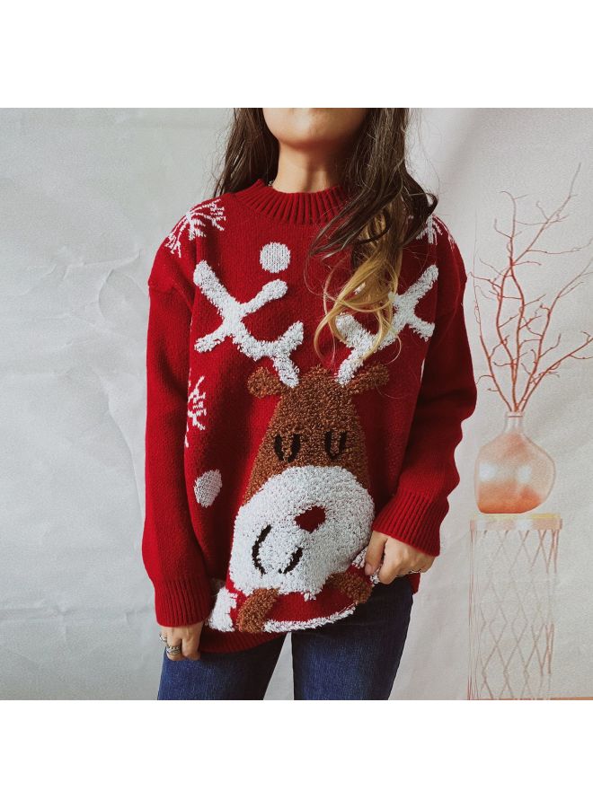 Women's Popular Elk Snowflake Jacquard Round Neck Knitted over Women's Loose Sweater