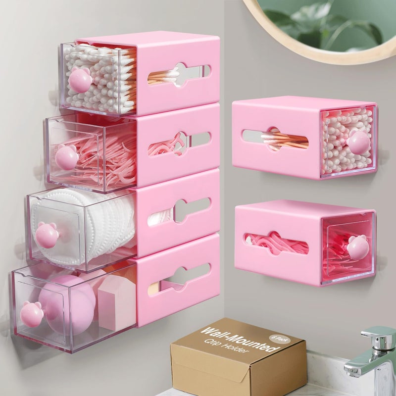 MKOSAB Qtip Holder,6 Pack Bathroom Organizer for Cotton Swabs,Balls,Pads, Floss, Hair Ties,Mini Q-tip Dispenser for Dorm,Office Storage,Vanity Accessories Home Decor,Wall Mounted No Drill (Pink-6) - Image 1