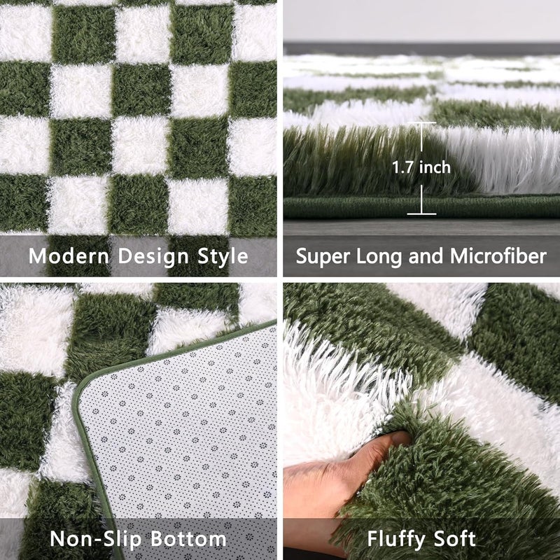 FALARK Rugs for Living Room Bedroom, 5x7 ft Dark Green and White Checkered Area Rug, Fluffy Soft Washable Carpet, Modern Non-Slip Shag Carpets for Boys Girls Nursery Home Aesthetic Decor Room - Image 4