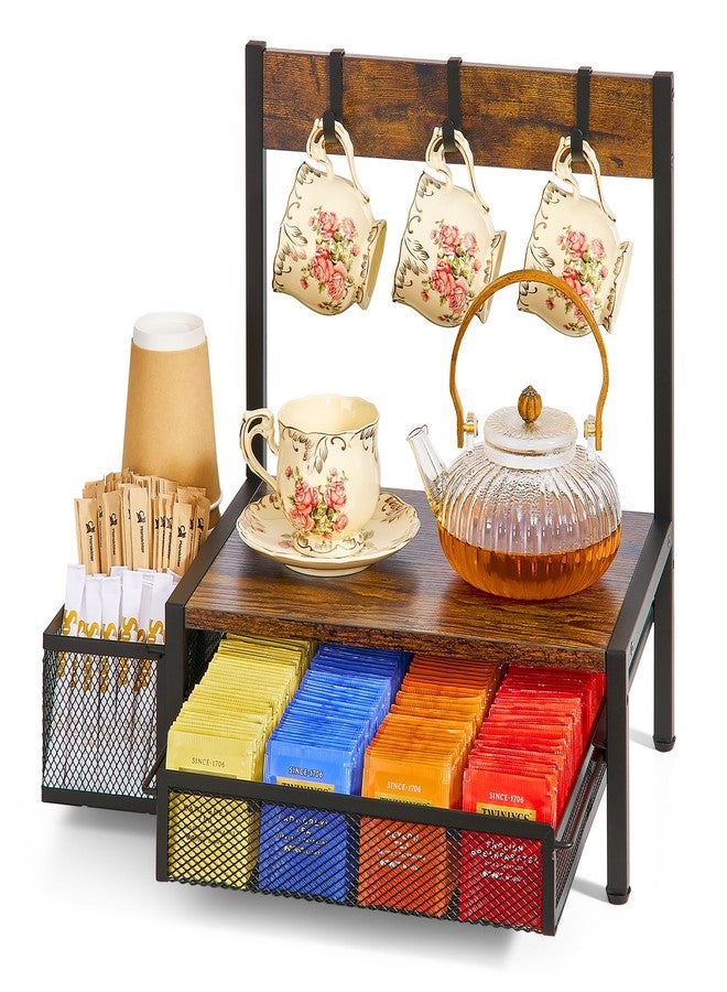 DGWJSU Tea Bag Organizer, Wood Tea Organizer and Storage Cheast, Tea Bag Holder with Storage Drawer, 4 Hooks for Tea Cups Holder, Tea Station Chest Display Container Box for Countertop Kitchen - Image 1
