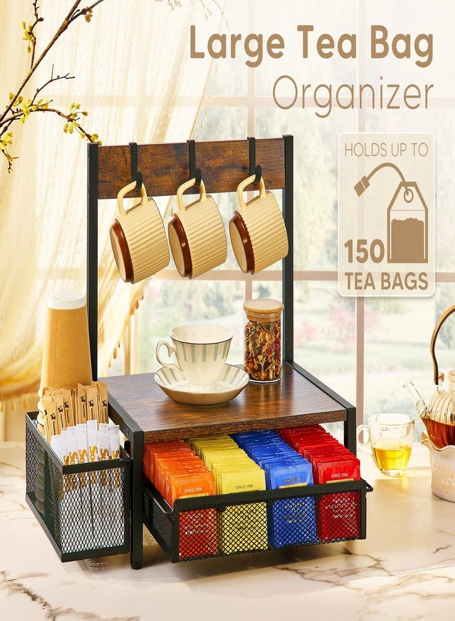 DGWJSU Tea Bag Organizer, Wood Tea Organizer and Storage Cheast, Tea Bag Holder with Storage Drawer, 4 Hooks for Tea Cups Holder, Tea Station Chest Display Container Box for Countertop Kitchen - Image 2