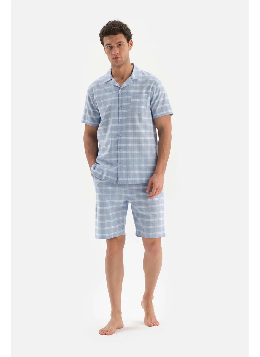 داجي Light Blue Shirt Collar Pajama Set with Plaid Woven Shorts