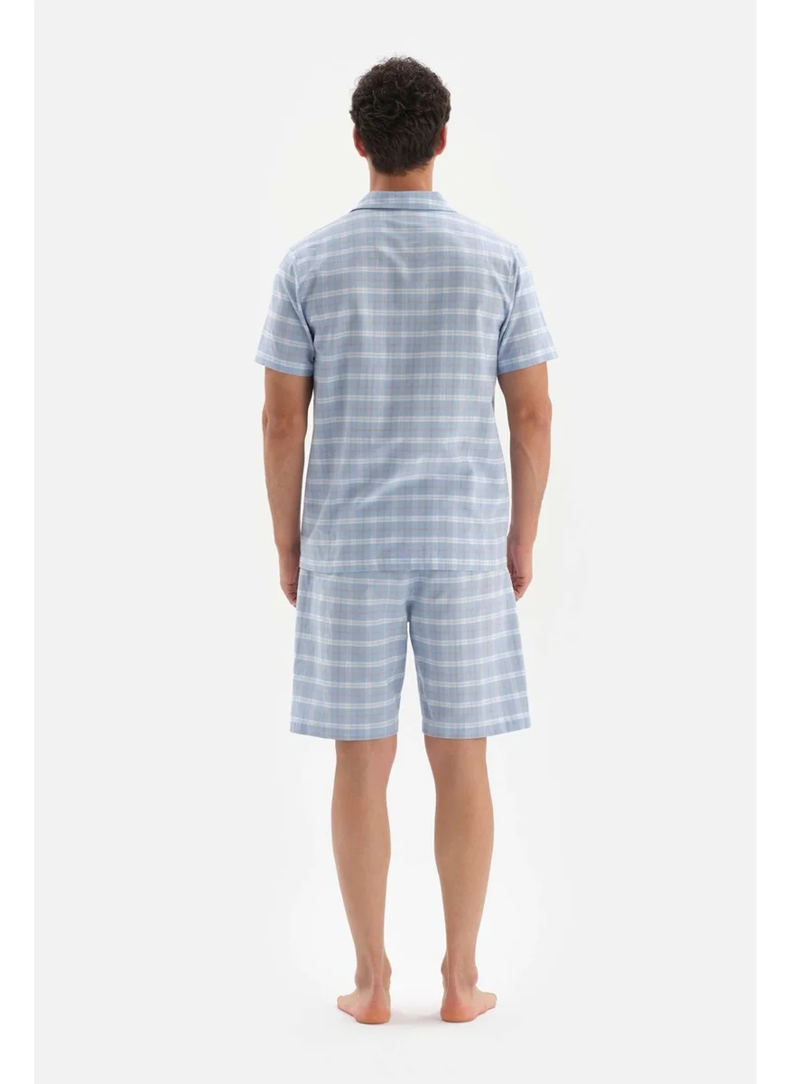 داجي Light Blue Shirt Collar Pajama Set with Plaid Woven Shorts