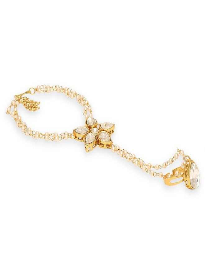 OOMPHelicious Jewellery Gold Tone Hathphool Hathpanja Bracelet with Ring - Kundan & Pearls - For Women & Girls Stylish Latest Birthday & Anniversary Gift (BDP29_CC1) - Image 1