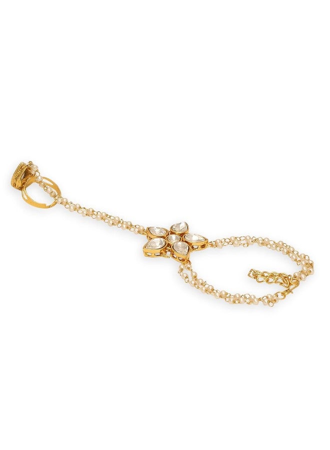 OOMPHelicious Jewellery Gold Tone Hathphool Hathpanja Bracelet with Ring - Kundan & Pearls - For Women & Girls Stylish Latest Birthday & Anniversary Gift (BDP29_CC1) - Image 5