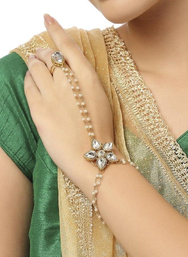 OOMPHelicious Jewellery Gold Tone Hathphool Hathpanja Bracelet with Ring - Kundan & Pearls - For Women & Girls Stylish Latest Birthday & Anniversary Gift (BDP29_CC1) - Image 3