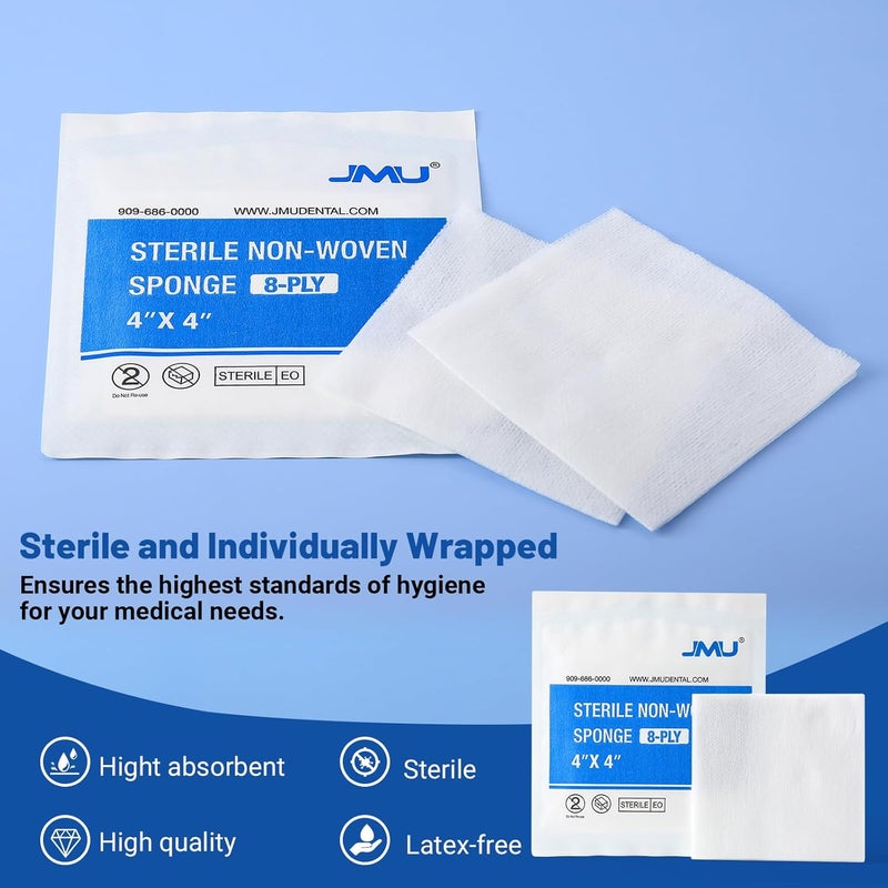 JMU NonWoven Sterile Gauze Pads 4x4 100 Pack 8Ply Individually Wrapped Sterile Gauze Pads for Wound Care First Aid  Surgical Supplies - Image 3