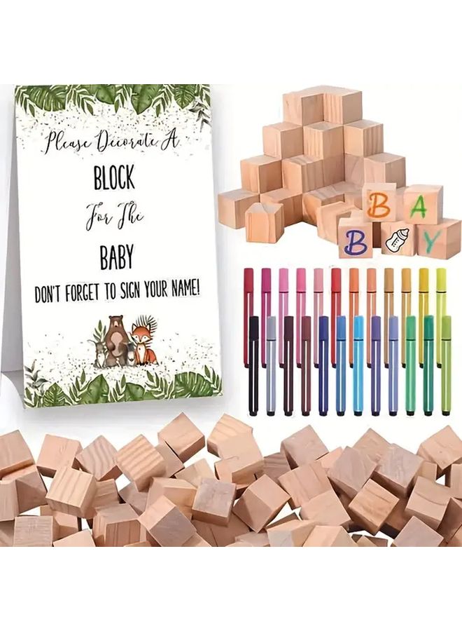 Baby Shower Guestbook Sign And Block Set With 30 Wooden Blocks And 24 Paint Markers - Image 1