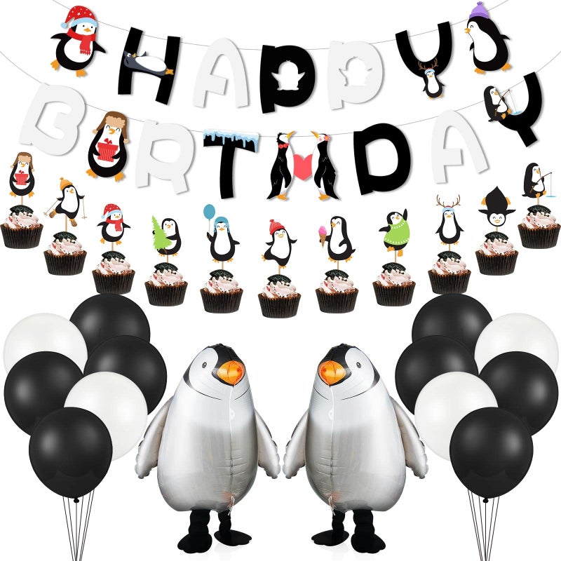 Aoriher 48 Piece Penguin Party Decorations Happy Birthday Banner Walking Penguin Balloons Cake Toppers Latex Balloons for Baby Shower or Winter Theme Celebrations - Image 3