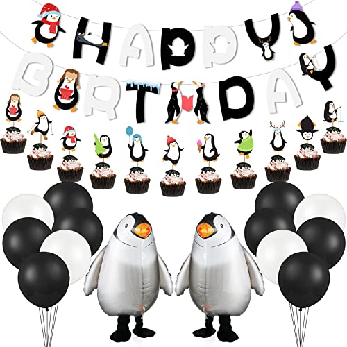 Aoriher 48 Piece Penguin Party Decorations Happy Birthday Banner Walking Penguin Balloons Cake Toppers Latex Balloons for Baby Shower or Winter Theme Celebrations - Image 1
