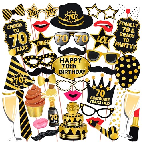 WOBBOX 70th Birthday Photo Booth Props, Black & Golden, Art Paper, Photo Booth Props, Birthday Party Decoration - Image 1