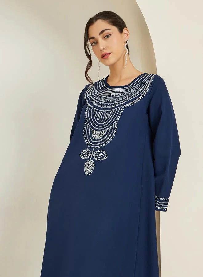 Amirah  Women Navy Blue Embroidered A-Line Jalabiya for Women | Best Price UAE