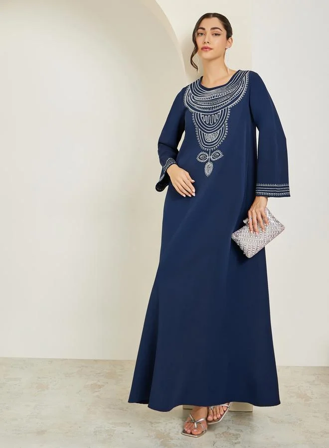 Women Navy Blue Embroidered A-Line Jalabiya