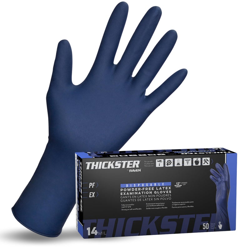 Thickster PowderFree Exam Grade Latex Disposable Gloves Size Medium Blue 14 mil Thickness 12 Length Fully Textured for Superior Grip Single Use Pack of 50 660220