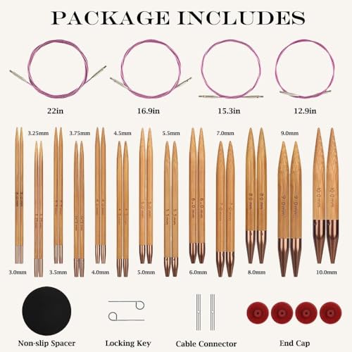 Yarniss Bamboo Circular Knitting Needle with Case,13 Pair Interchangeable Knitting Needles with Flexible Cables 3.5mm~10.0mm, 4-Inch Round Knitting Needle US Size 2.5~15 - Image 2