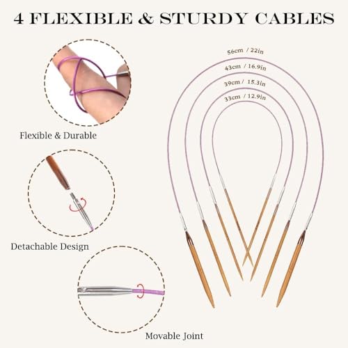 Yarniss Bamboo Circular Knitting Needle with Case,13 Pair Interchangeable Knitting Needles with Flexible Cables 3.5mm~10.0mm, 4-Inch Round Knitting Needle US Size 2.5~15 - Image 4