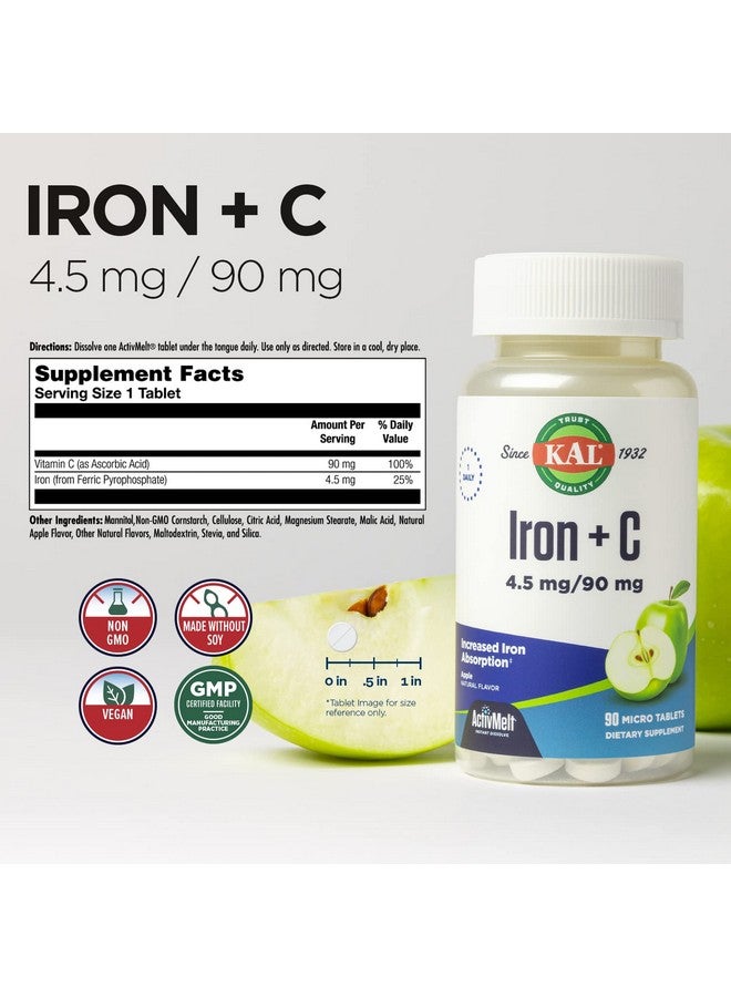 KAL Iron C, 90 Tablets, 4.5 mg/90 mg, Natural Apple Flavor, Increased Absorption Iron Pills, Immune Support - Image 2