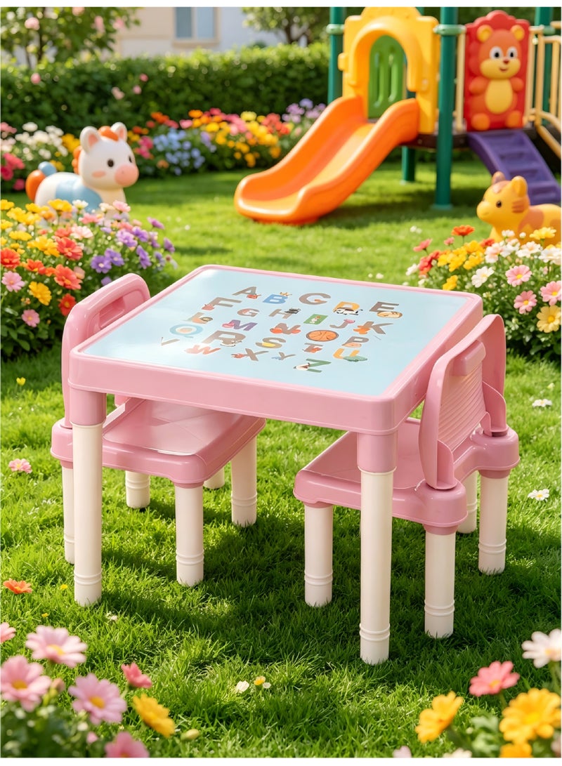 MIGA Adjustable table and chair set for children, ABC letter printed children's activity table, non-toxic plastic drawing, reading, dining, and game table, anti slip and stable learning furniture, 2-8 year old men's and women's Eid al Fitr gifts with two chairs and one table - Image 1