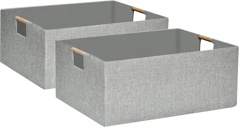 FUULOXE Collapsible Storage Box for Women  Foldable Home Organizer 169x125x7Inches with Wooden Handles  Closet Bathroom  Kids Room Storage  HeavyDuty Linen Fabric 2Pack - Image 1