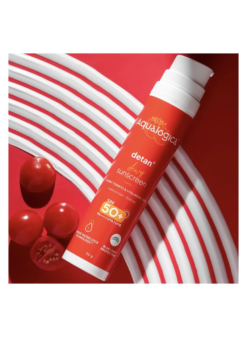 Aqualogica Detan+ Dewy Sunscreen with SPF 50+ & PA++++ for UVA/B & Blue Light Protection & No White Cast - 50g - Image 1