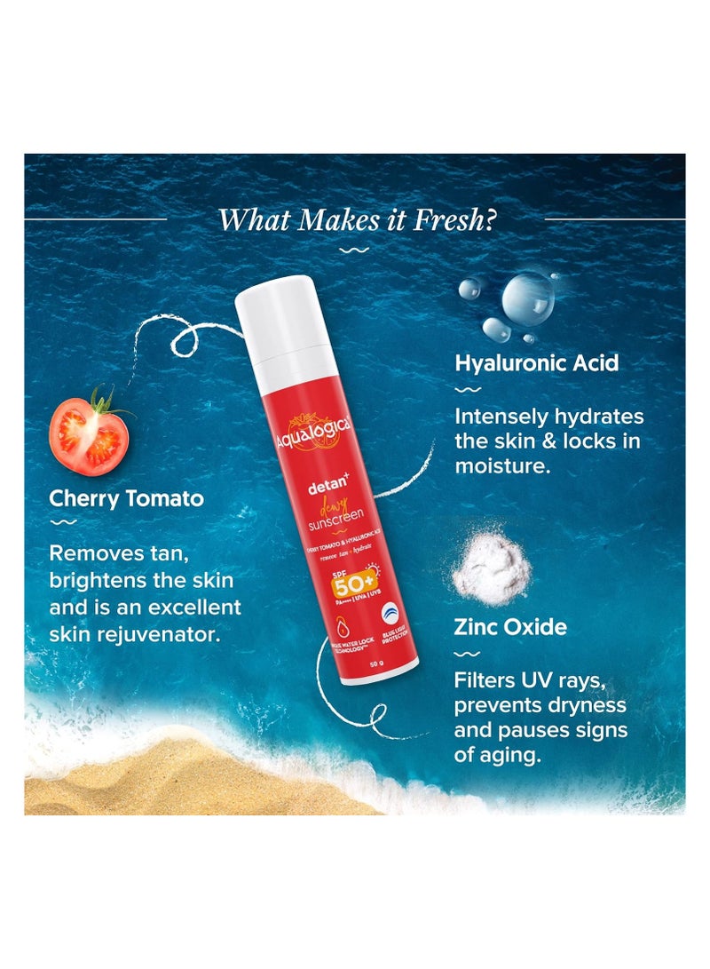 Aqualogica Detan+ Dewy Sunscreen with SPF 50+ & PA++++ for UVA/B & Blue Light Protection & No White Cast - 50g - Image 3