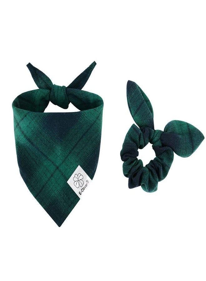 E-Clover Green Dog Bandanas & Matching Scrunchie Set Plaid Dog Bibs Scarf Boy Triangle Kerchief Bandana for Small Dogs Puppy Birthday Gifts Pet Owner Mom Spring - Image 1